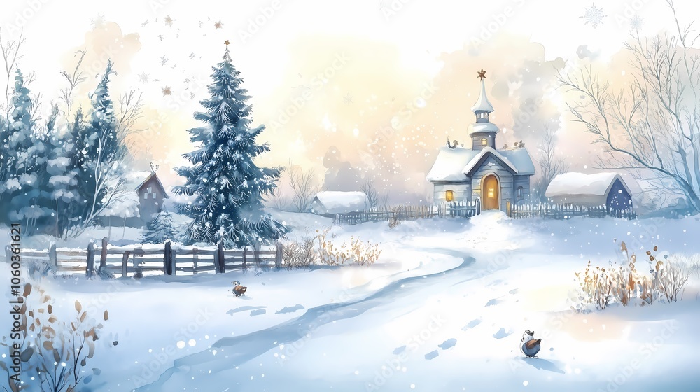 Winter landscape watercolor illustration, style of a children's book Winter landscape watercolor illustration, style of a children's book