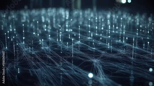 Abstract depiction of an AI data network with cyan pins and light trails on black, embodying the endless digital frontier of blockchain and quantum innovation