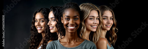 Smiling young women with different skin tones and ethnic backgrounds standing closely together. Cultural diversity and unity, empowerment, solidarity, multiculturalism. Long banner