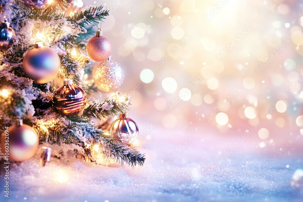 Obraz premium The Christmas tree sparkles with colorful ornaments and warm twinkling lights, creating a festive atmosphere in a snowy environment during the holiday season