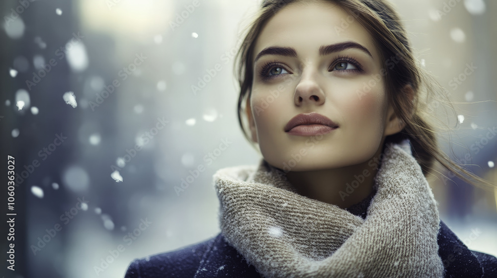 Elegant woman in winter scarf, gazing thoughtfully in snow Elegant woman in winter scarf, gazing thoughtfully in snow