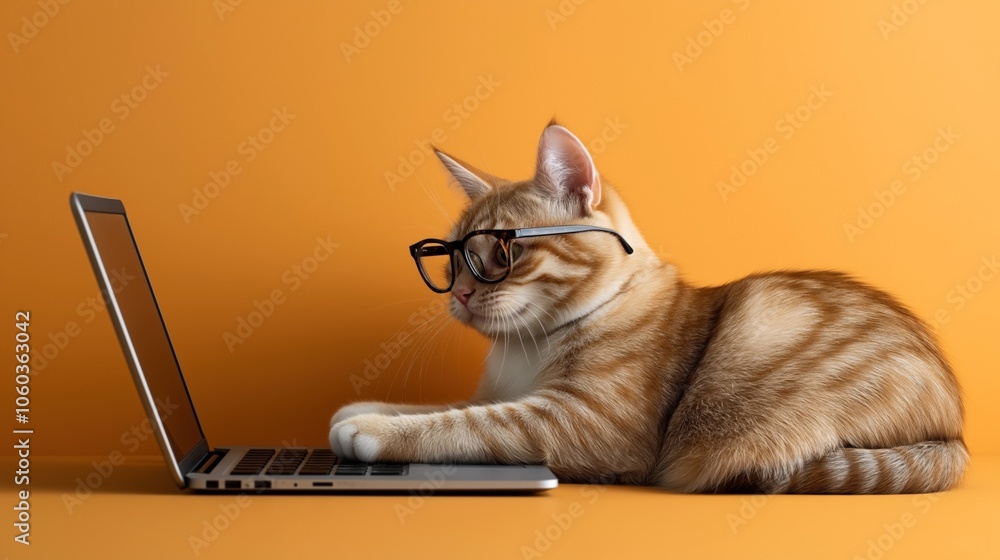 Ginger cat wearing eyeglasses using a laptop on an orange background, depicting a humorous and playful concept of a tech-savvy pet Ginger cat wearing eyeglasses using a laptop on an orange background, depicting a humorous and playful concept of a tech-savvy pet