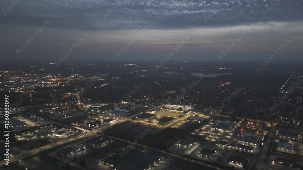 Drone shot over a city with main road and city lights in the evening Drone shot over a city with main road and city lights in the evening