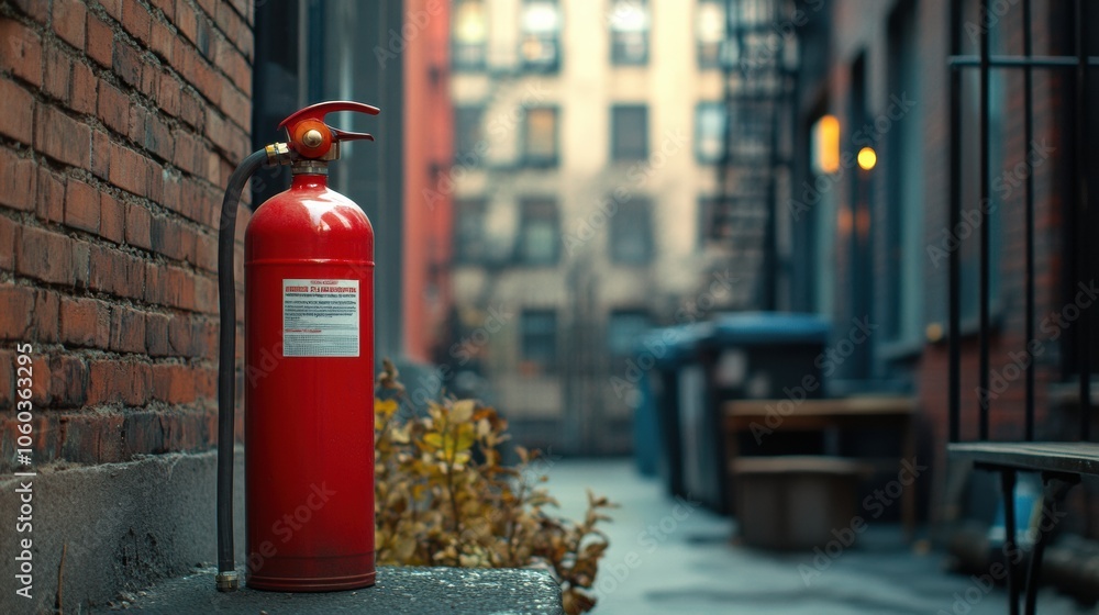 A bright fire extinguisher stands prominently in an urban alley, ensuring safety near a building entrance while it's daytime. Generative AI A bright fire extinguisher stands prominently in an urban alley, ensuring safety near a building entrance while it's daytime. Generative AI