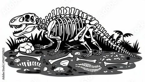 Dinosaur skeleton and fossils. Dinosaur bones, rocks, footprints, plants and eggs. Black and white illustration in childish style cartoon,icon with a white background Generative aI