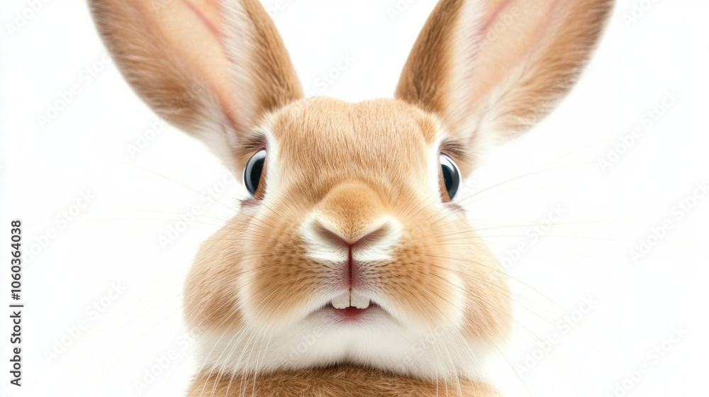 Fototapeta premium Cute rabbit with wide eyes and fluffy ears against a white background, AI