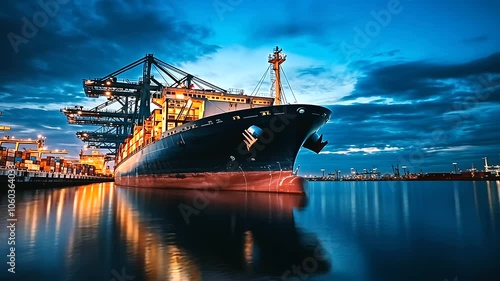 A bustling nighttime scene of a cargo ship being unloaded at a port, with cranes and equipment aglow under industrial lights.