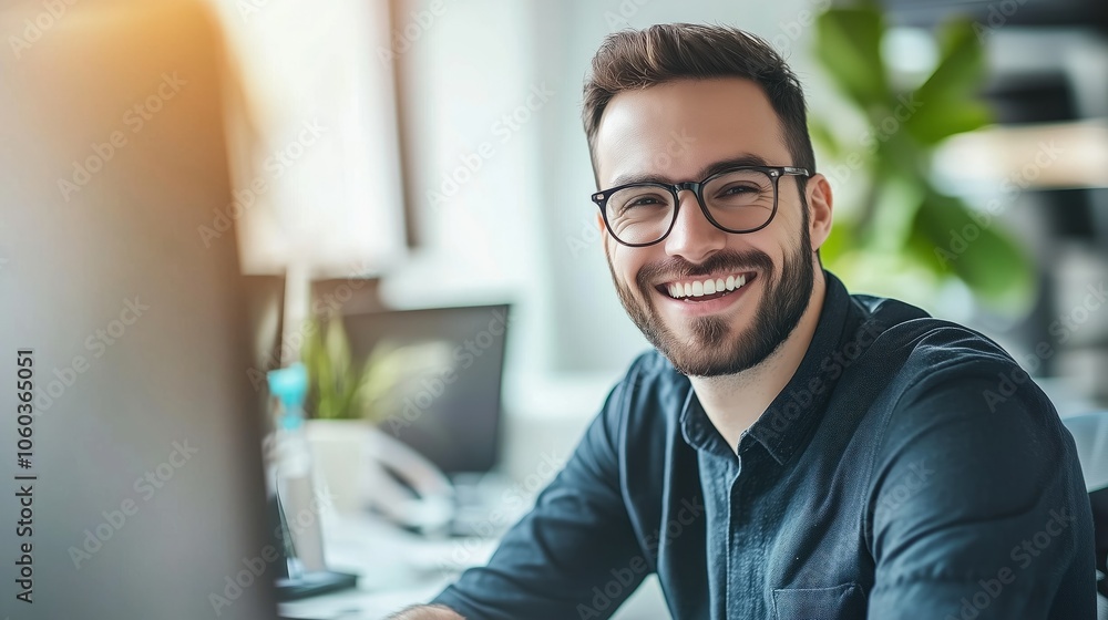 Obraz premium A man in glasses smiles while sitting in front of a computer