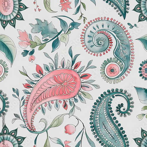 paisley pattern, surface pattern design, soft watercolor illustration