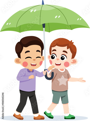 Kid Helping and Sharing an Umbrella With a Friend