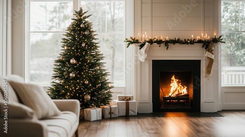 Wallpaper Mural Christmas tree by the fireplace, cozy ambiance, classic holiday family setting Torontodigital.ca