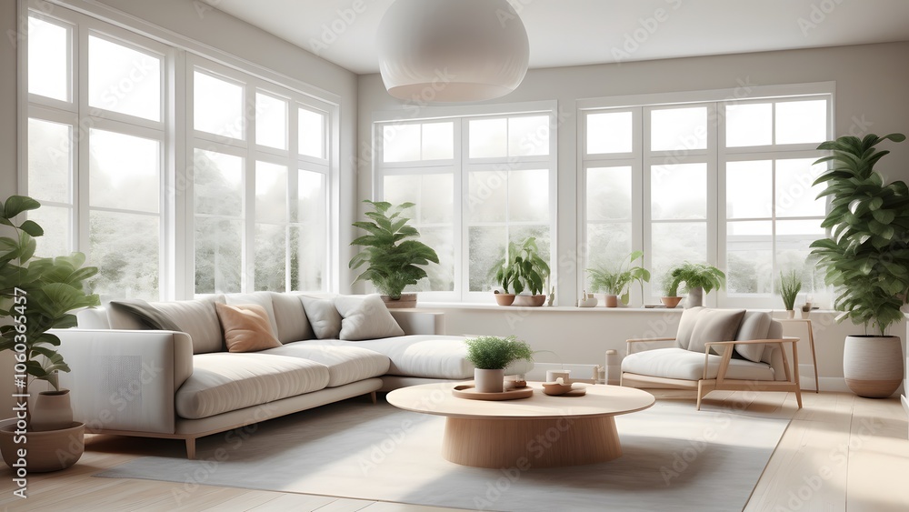 Fototapeta premium Modern Minimalist Living Space with Large Windows, Natural Light, and Earthy Decor Creating an Inviting Ambiance (42)