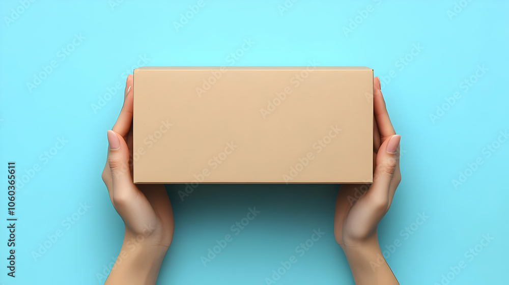 Hands Holding Cardboard Box on Blue Background - Photo Hands Holding Cardboard Box on Blue Background - Photo