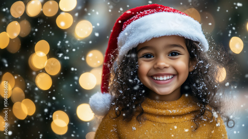 Joyful child wearing a Santa hat in a snowy holiday setting with festive lights, spreading warmth and cheer