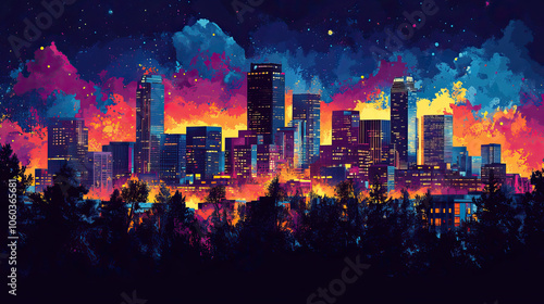 Denver, Colorado, Pop Art style theme print. Cityscape, city skyline.Vibrant, bright, modern, trendy, graphic designed for poster, card, wallpaper