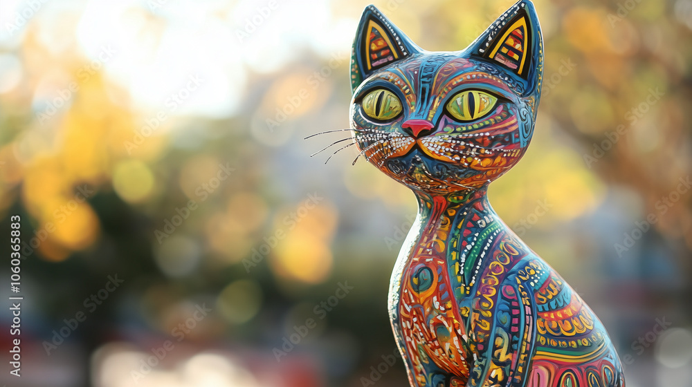 Naklejka premium Colorful decorative cat sculpture with intricate patterns and vibrant designs, set against a blurred background