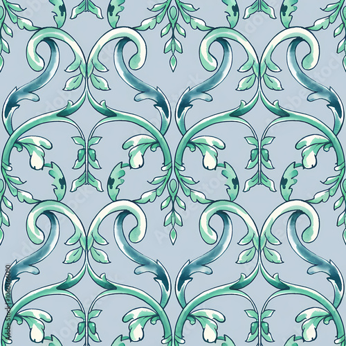 acanthus pattern, surface design pattern, soft blue watercolor illustration photo