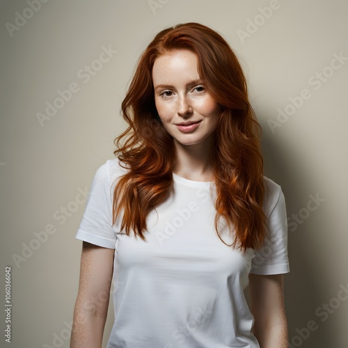 Closeup of happy attractive young woman with long wavy red hair and freckles wears stylish t shirt looks happy and smiling isolated over white background, T-shirt photo