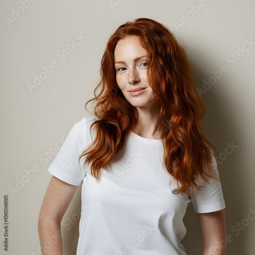 Closeup of happy attractive young woman with long wavy red hair and freckles wears stylish t shirt looks happy and smiling isolated over white background, T-shirt photo