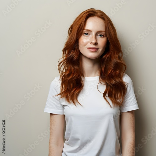 Closeup of happy attractive young woman with long wavy red hair and freckles wears stylish t shirt looks happy and smiling isolated over white background, T-shirt photo