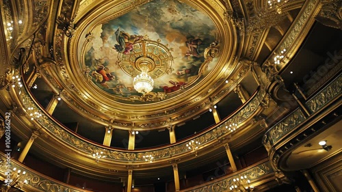 A detailed view of the ornate interior of an opera house, featuring a painted ceiling with a chandelier hanging from it