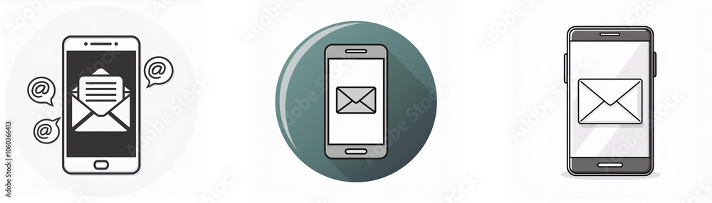 Three different illustrations of a smartphone with an email notification. Three different illustrations of a smartphone with an email notification.