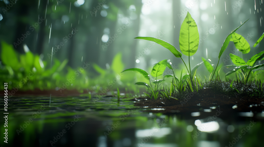 Lush green plants thrive in humid swamp, surrounded by mist and rain. serene atmosphere captures beauty of nature chaos Lush green plants thrive in humid swamp, surrounded by mist and rain. serene atmosphere captures beauty of nature chaos