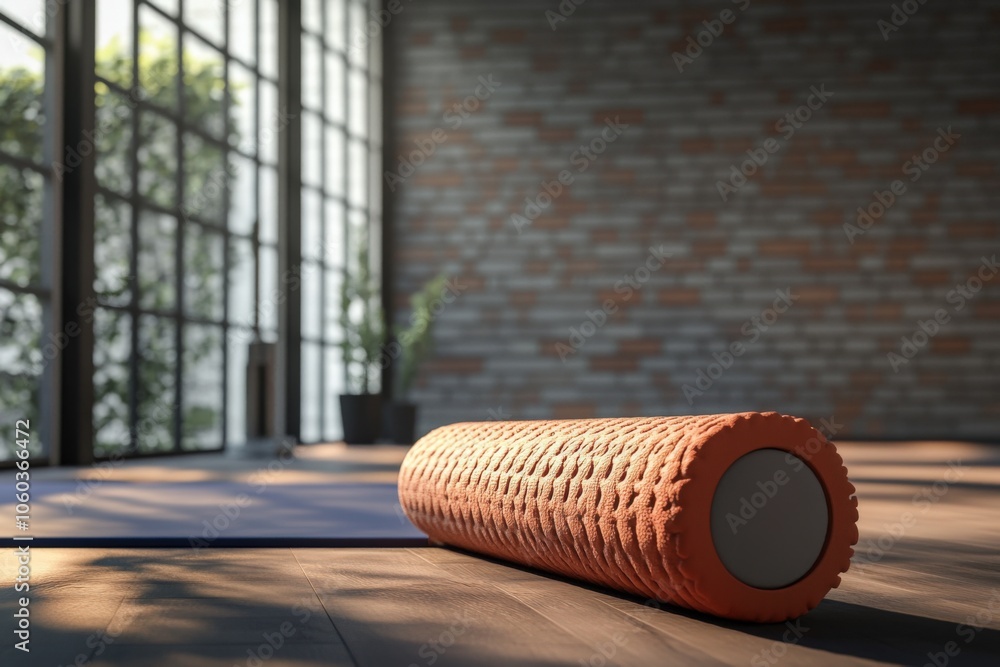 Orange Foam Roller on Wooden Floor in Gym Orange Foam Roller on Wooden Floor in Gym