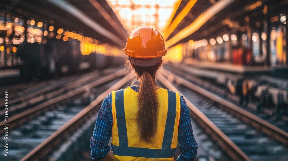Worker Inspecting Tracks at Train Station During Golden Hour Worker Inspecting Tracks at Train Station During Golden Hour