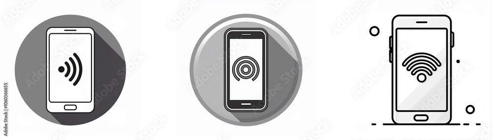 Three gray and white illustrations of smartphones displaying wireless signals on their screens. Three gray and white illustrations of smartphones displaying wireless signals on their screens.