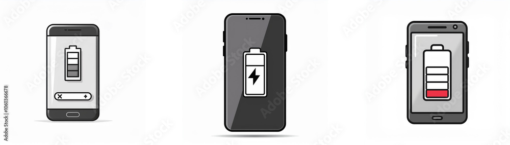 Three smartphone screens display different battery levels, one full, one charging, and one low. Three smartphone screens display different battery levels, one full, one charging, and one low.