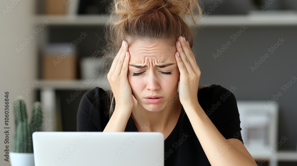 Businesswoman with Pained Expression in Office Setting Businesswoman with Pained Expression in Office Setting