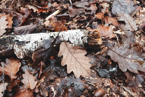 Vue sur des feuilles mortes et bois mort sur le sol en forêt, avec effet de lumière crème mate et ombre marquées photo