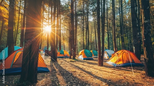 Fun tent camping in the forest, overland trip photo