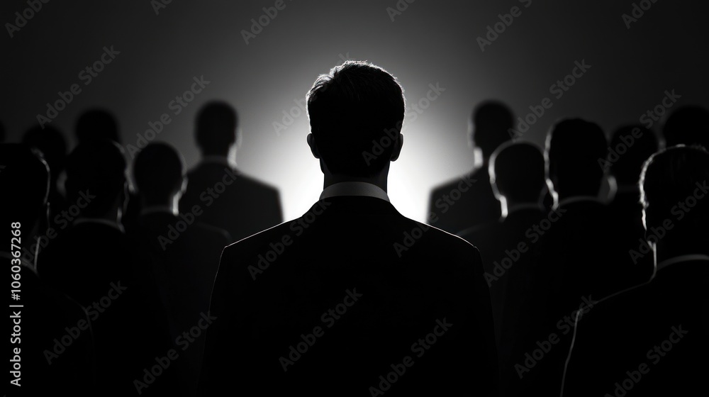 A single man stands out from a crowd in a dark setting, illuminated by a single spotlight. A single man stands out from a crowd in a dark setting, illuminated by a single spotlight.