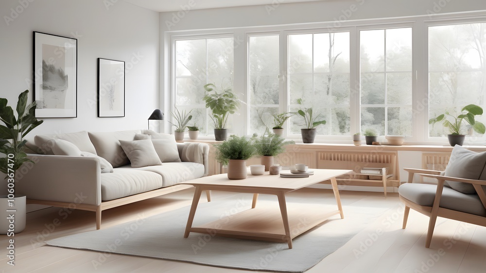 Fototapeta premium Modern Minimalist Living Space with Large Windows, Natural Light, and Earthy Decor Creating an Inviting Ambiance (70)