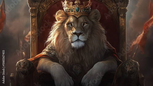 Majestic lion with a golden crown seated on a grand throne, symbolizing royalty, power, and strength photo