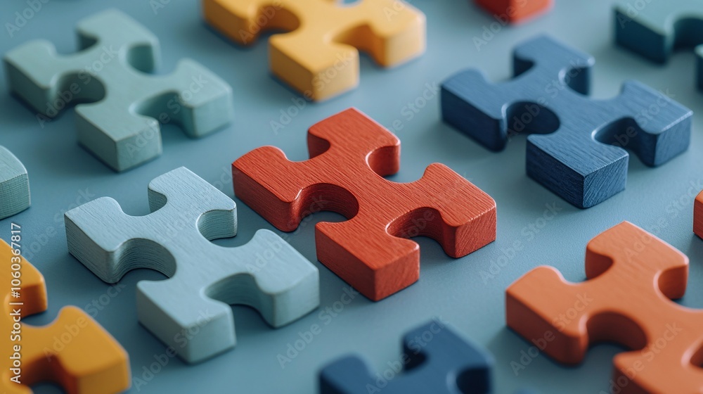 Obraz premium Colorful Puzzle Pieces Interlocking to Represent Unity and Cooperation on a Minimalist Background
