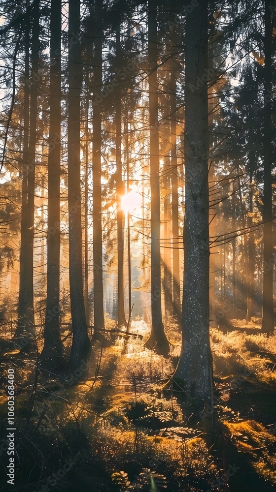 Obraz premium Sunlight Streaming Through Forest Trees, morning light