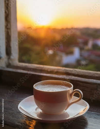 Un cremoso café en un precio atardecer a traves de la ventana