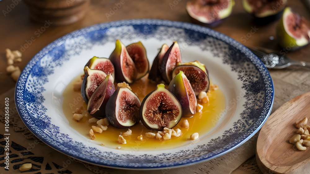 Honey and Fig Confection: A sweet treat made with figs and honey, beautifully arranged on a decorative plate, garnished with a sprinkle of nuts for added charm.
Honey and Fig Confection: A sweet treat made with figs and honey, beautifully arranged on a decorative plate, garnished with a sprinkle of nuts for added charm.