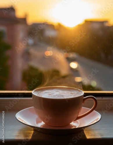 Un cremoso café en un precio atardecer a traves de la ventana