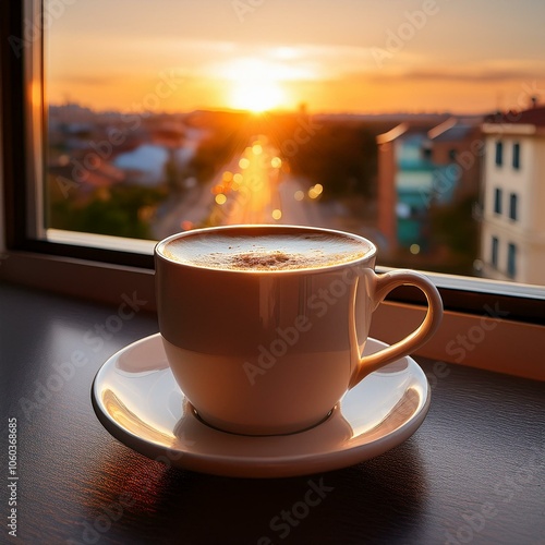 Un cremoso café en un precio atardecer a traves de la ventana