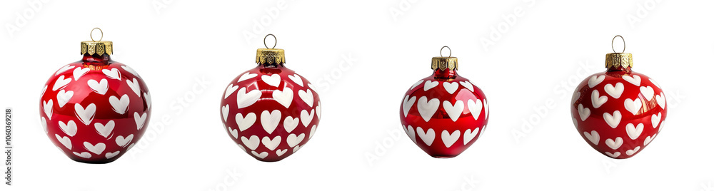 A collection of four red Christmas ornaments with heart patterns, isolated on a transparent background, perfect for Valentine's Day or holiday decor themes A collection of four red Christmas ornaments with heart patterns, isolated on a transparent background, perfect for Valentine's Day or holiday decor themes