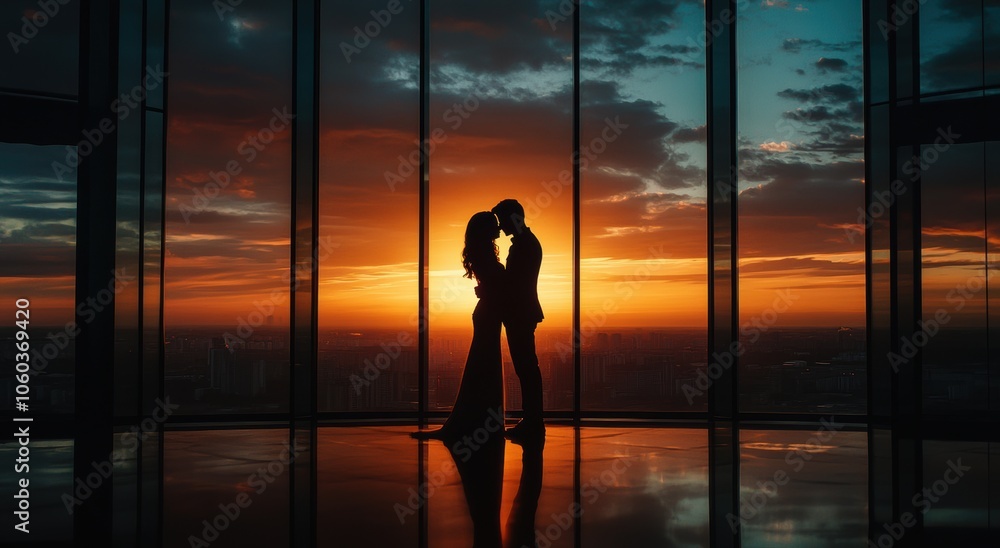 Couple embraces at sunset in a modern high-rise building Couple embraces at sunset in a modern high-rise building