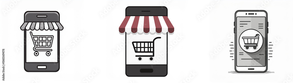 Three mobile phones with storefront awnings and shopping cart icons. Three mobile phones with storefront awnings and shopping cart icons.