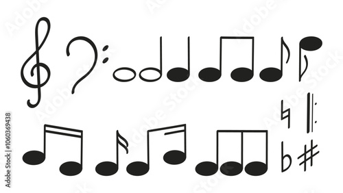 Set of musical notes. Musical symbols: treble clef, bass clef, notes, natural, flat, sharp and other musical signs