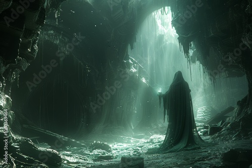 A mysterious figure stands in an illuminated cavern filled with emerald light, surrounded by ancient ruins in a forgotten underground world photo