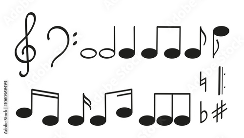 Set of musical notes. Musical symbols: treble clef, bass clef, notes, natural, flat, sharp and other musical signs
