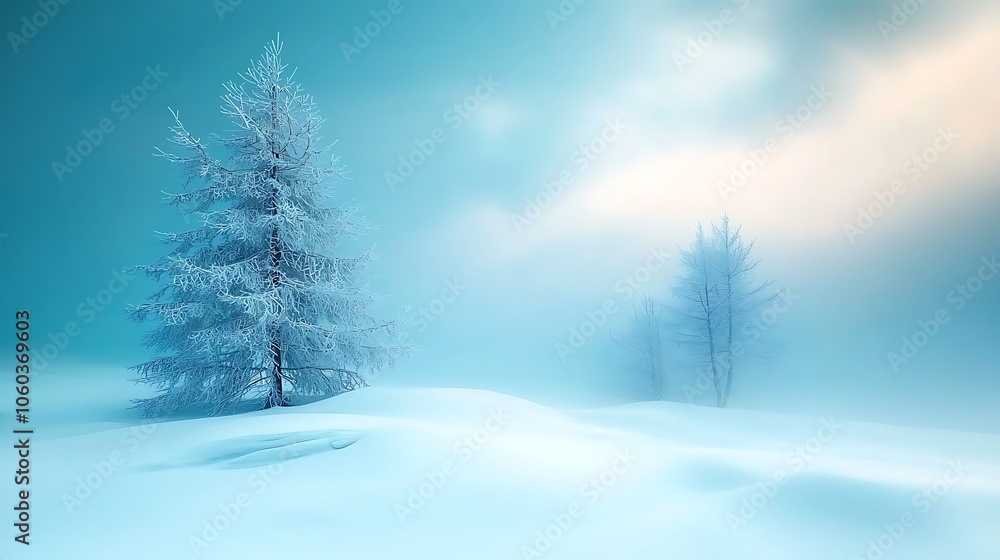 Silent winter frosty trees stand majestically amidst a dreamlike snowy landscape Silent winter frosty trees stand majestically amidst a dreamlike snowy landscape